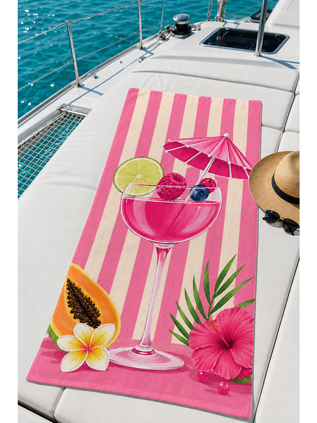 Pembe Tropik İçecek Ve Şemsiye Desenli 70x150 Plaj Havlusu-2