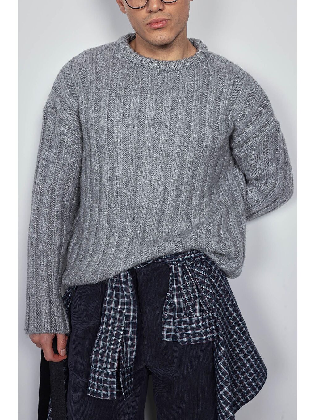 Erkek Oversize Kalın Fitilli Triko Kazak Gri-5
