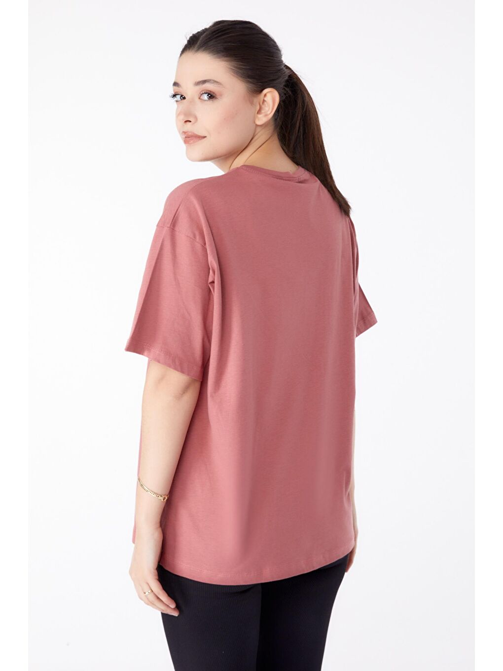 TOFİSA Pembe Düz Bisiklet Yaka Kadın Pembe Baskılı Kısa Kollu T-Shirt  - 25389 - 4