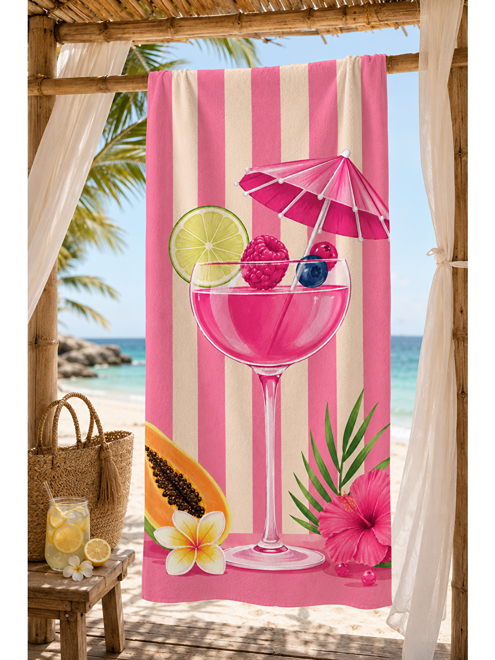 Pembe Tropik İçecek Ve Şemsiye Desenli 70x150 Plaj Havlusu-3