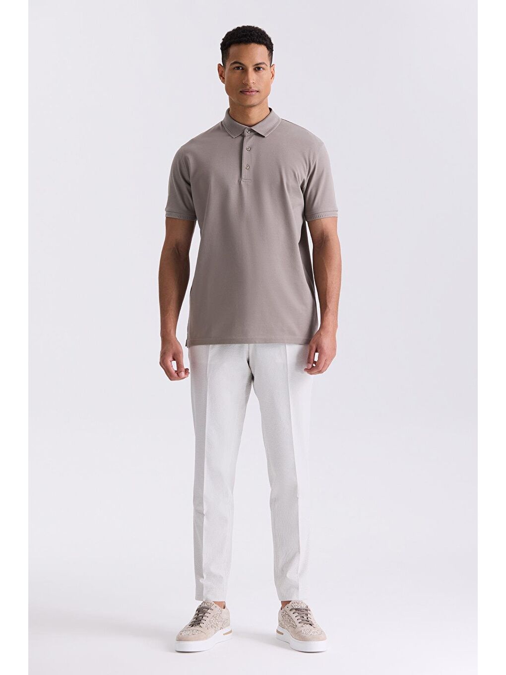 Bej Kum Slim Fit %100 Pamuk Merserize Polo Yaka T-Shirt-1