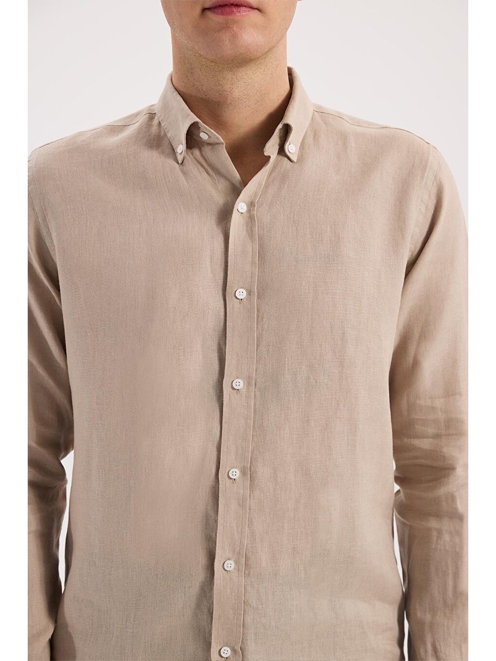 Ekru Krem Comfort Fit %100 Keten Klasik Yaka Gömlek-5