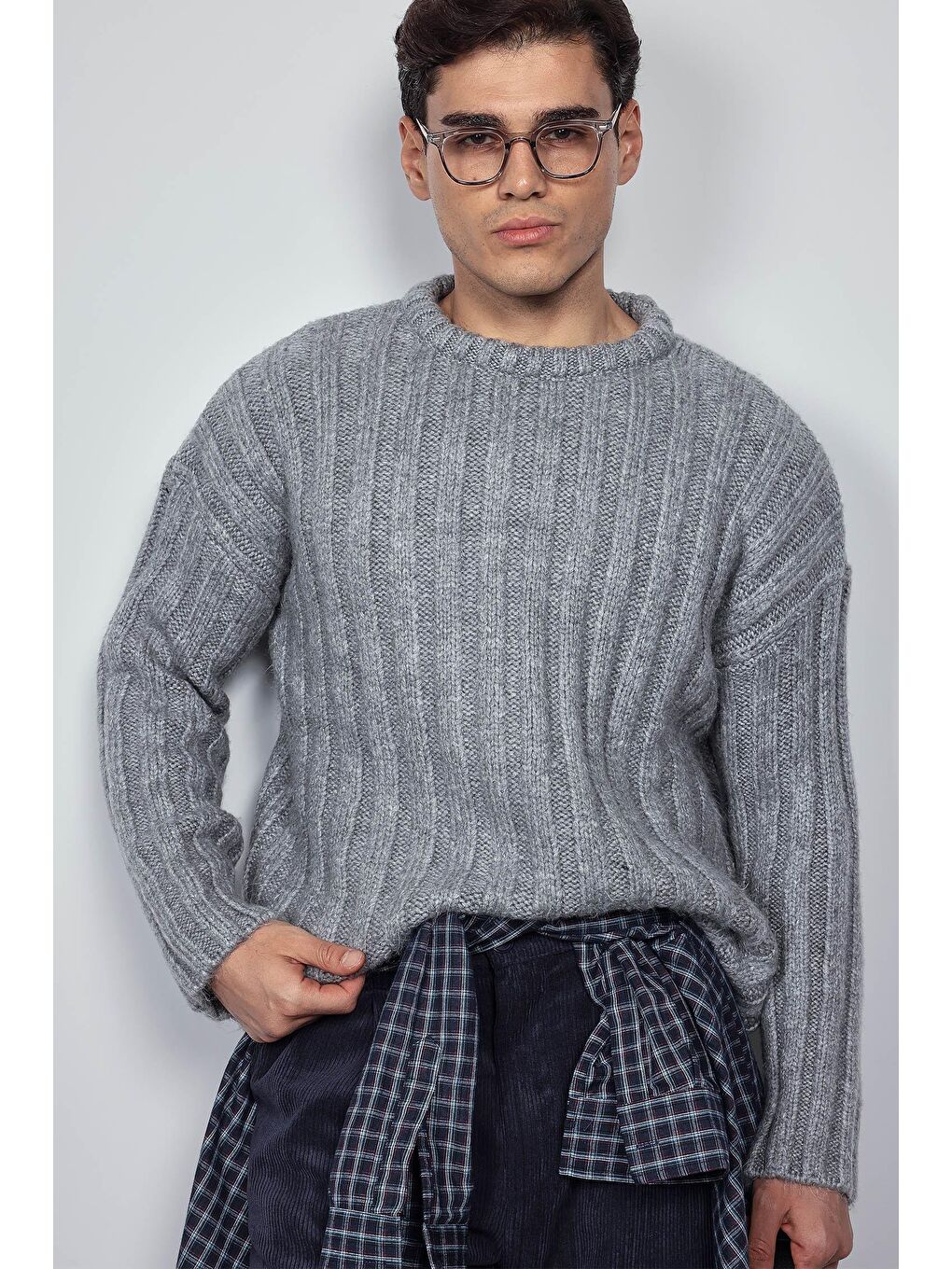 Erkek Oversize Kalın Fitilli Triko Kazak Gri-6