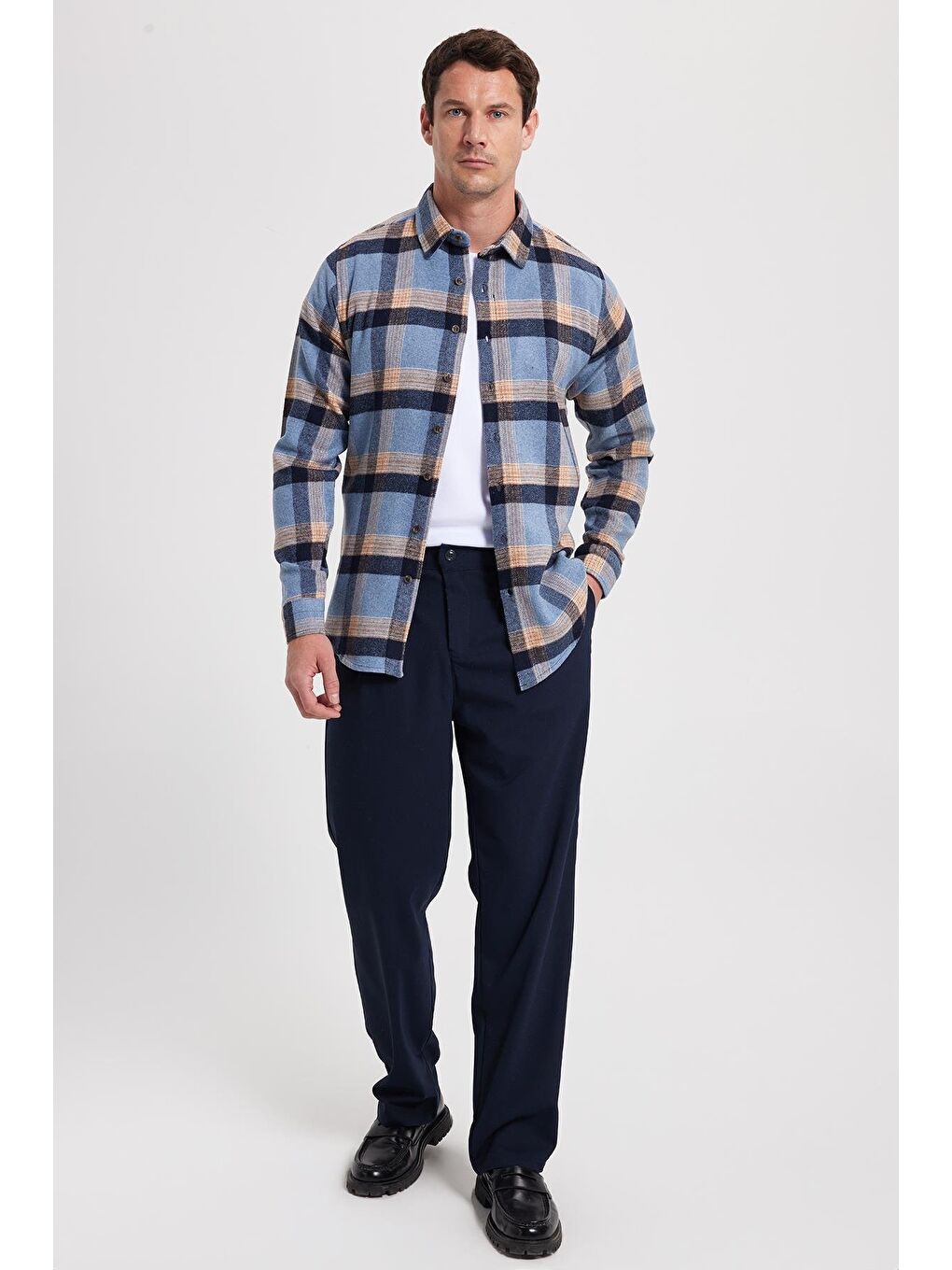 Mavi Erkek Slim Fit Dar Kesim Kareli Kışlık Oduncu Gömlek-1