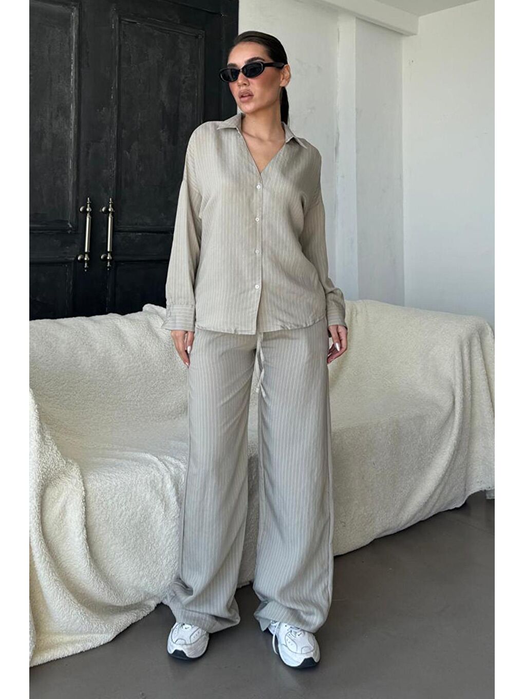 Boyalı Gri Uzun Kollu Çizgili Gömlek Pantolon İkili Takım Mg2329