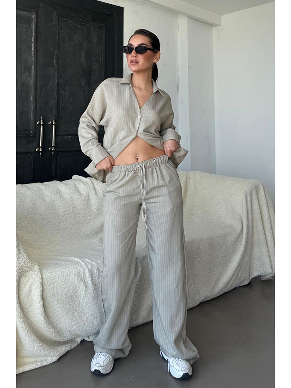 Boyalı Gri Uzun Kollu Çizgili Gömlek Pantolon İkili Takım Mg2329-1