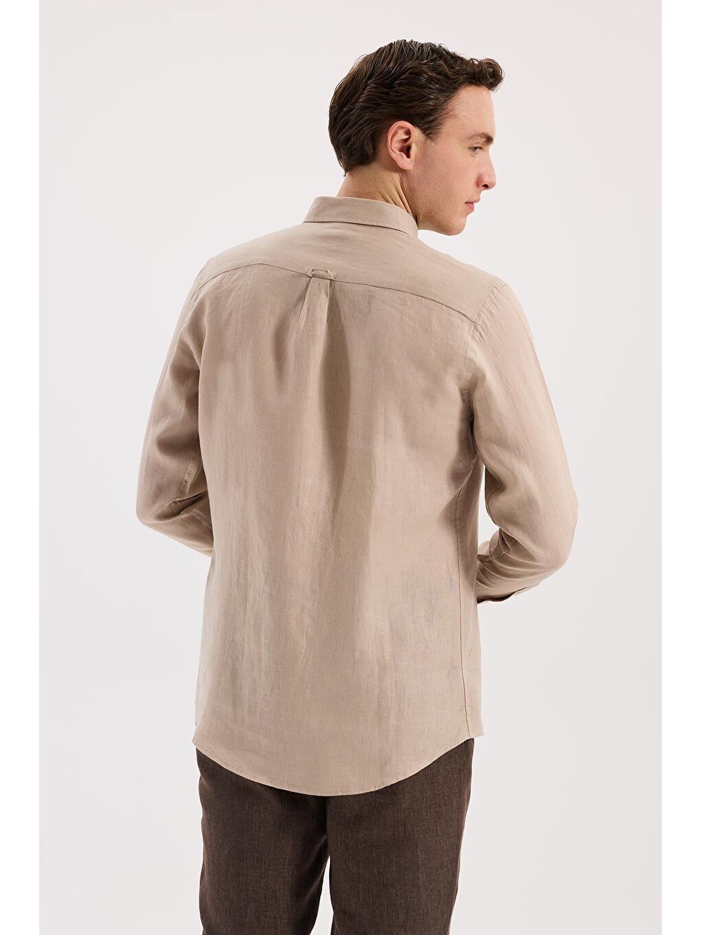 Ekru Krem Comfort Fit %100 Keten Klasik Yaka Gömlek-7