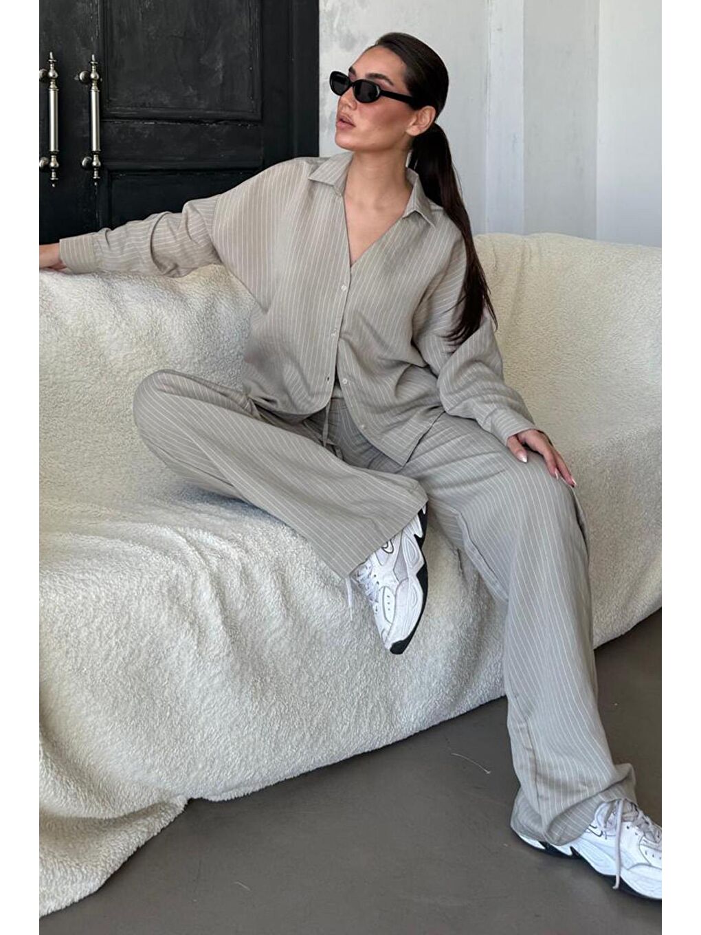 Boyalı Gri Uzun Kollu Çizgili Gömlek Pantolon İkili Takım Mg2329-2