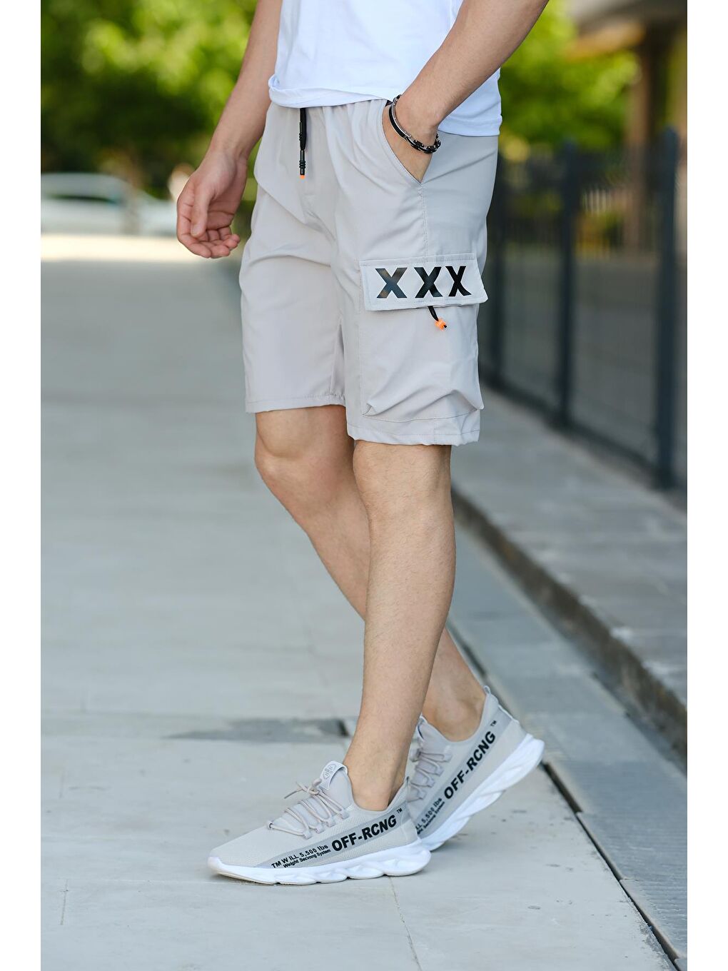 Gri Baskılı Kort Paraşüt Kumaş Kargo Cep Erkek Şort-1