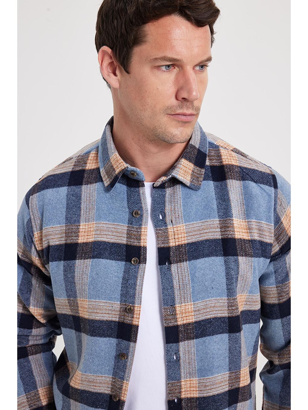 Mavi Erkek Slim Fit Dar Kesim Kareli Kışlık Oduncu Gömlek-2