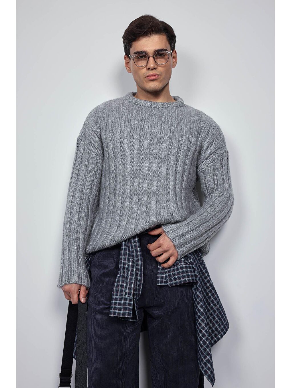 Erkek Oversize Kalın Fitilli Triko Kazak Gri-7