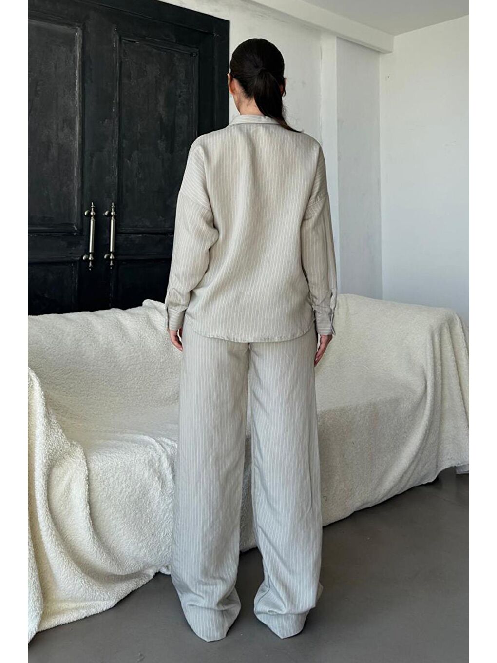 Boyalı Gri Uzun Kollu Çizgili Gömlek Pantolon İkili Takım Mg2329-3