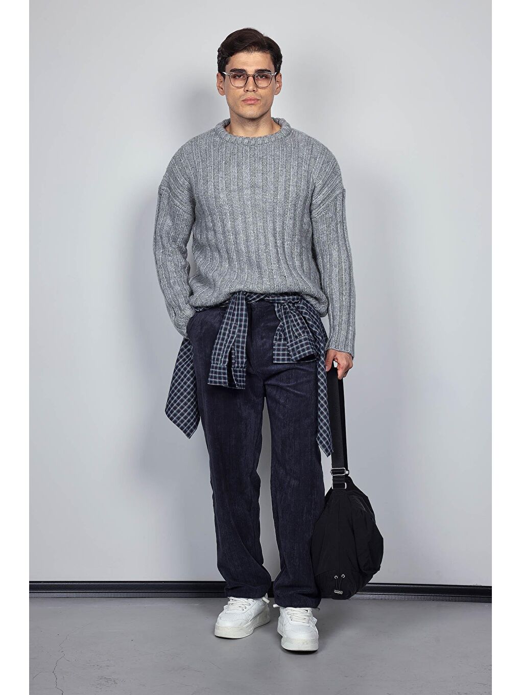 Erkek Oversize Kalın Fitilli Triko Kazak Gri-8