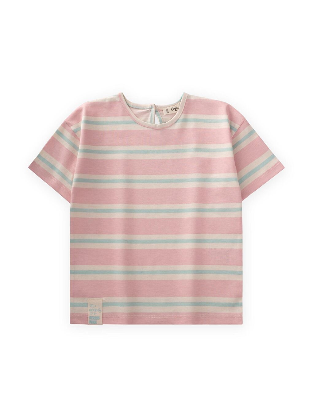 Çizgili Kız T-Shırt 2-10 Yaş Pembe Mavi Çizgili
