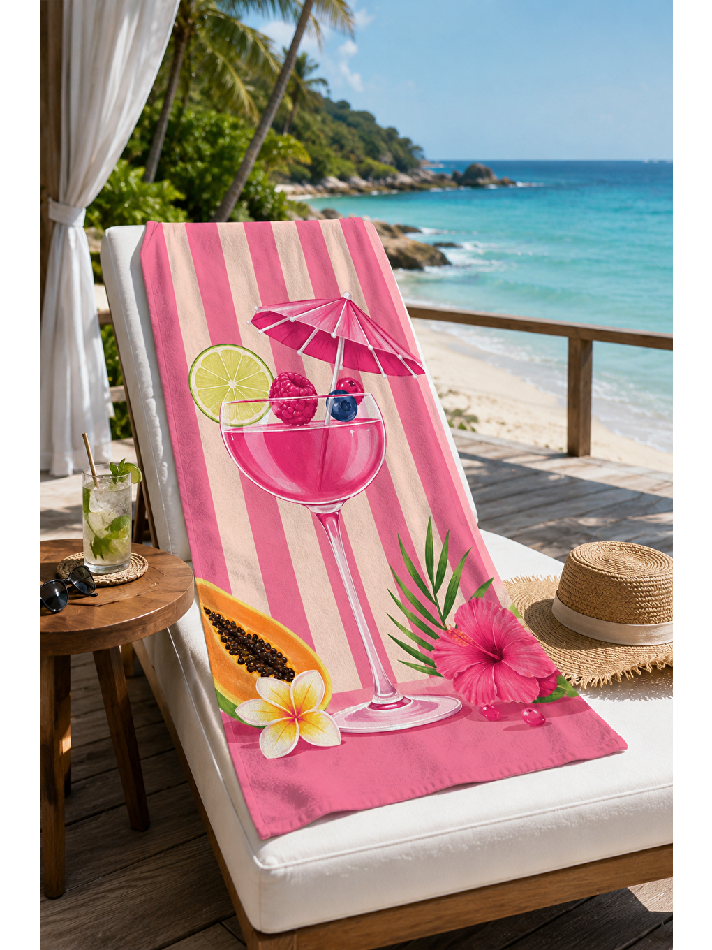 Pembe Tropik İçecek Ve Şemsiye Desenli 70x150 Plaj Havlusu-5