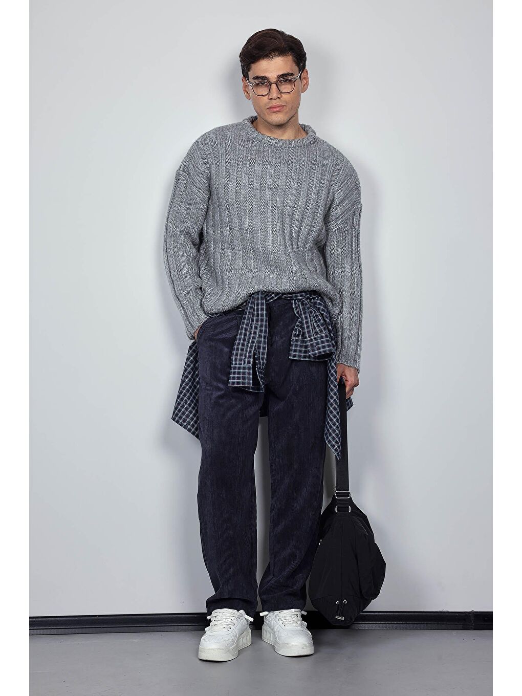 Erkek Oversize Kalın Fitilli Triko Kazak Gri-9