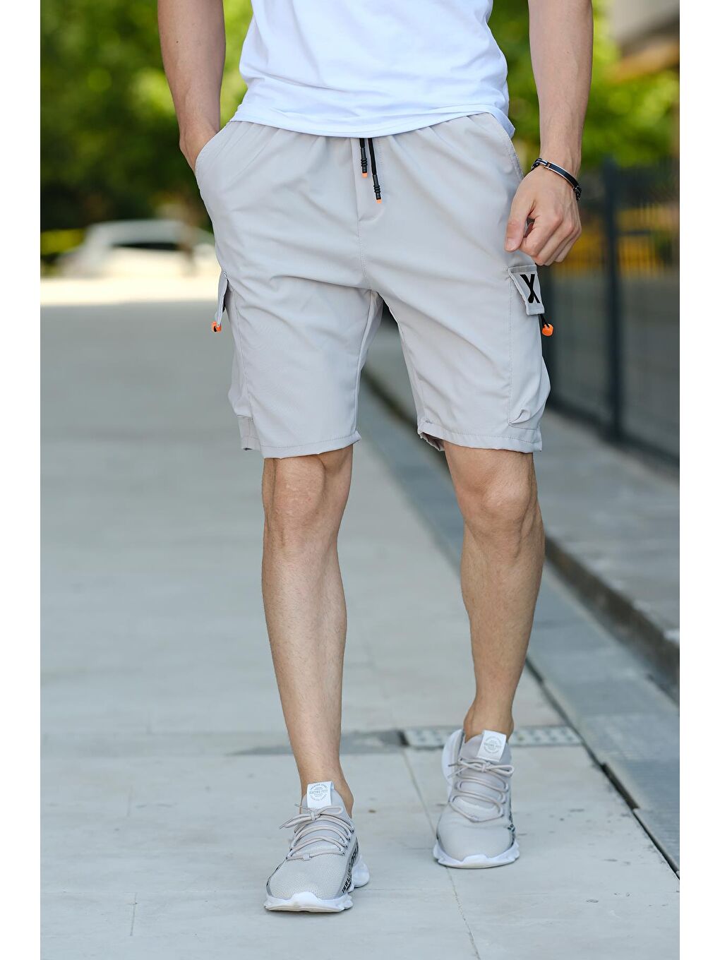Gri Baskılı Kort Paraşüt Kumaş Kargo Cep Erkek Şort-2