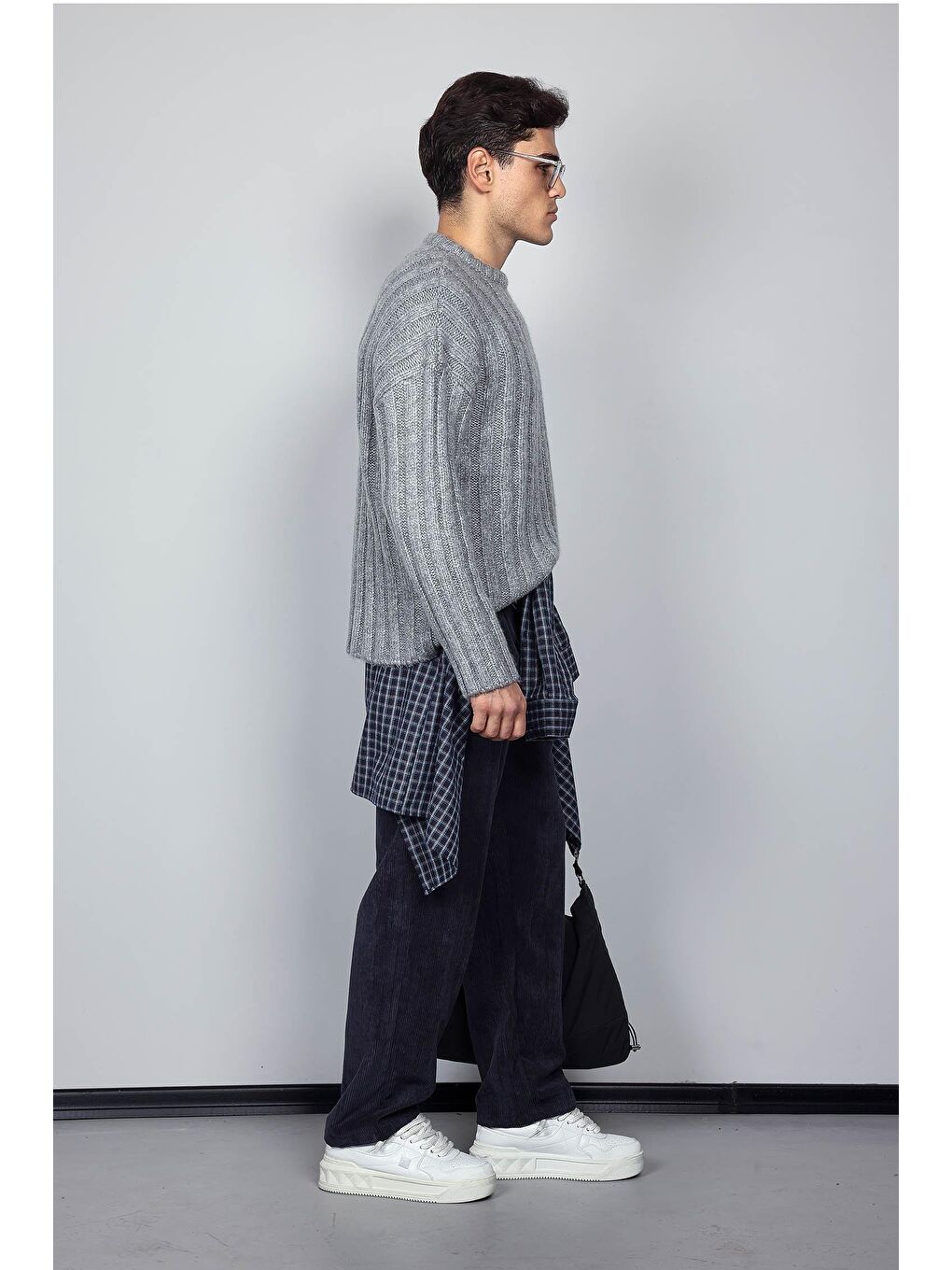 Erkek Oversize Kalın Fitilli Triko Kazak Gri-10