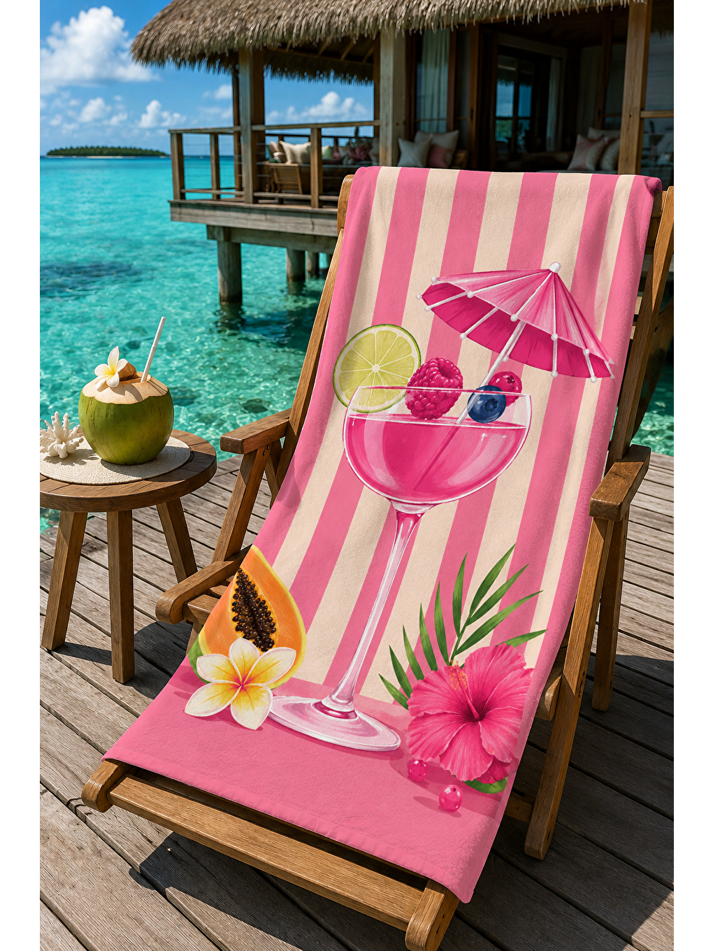 Pembe Tropik İçecek Ve Şemsiye Desenli 70x150 Plaj Havlusu-6