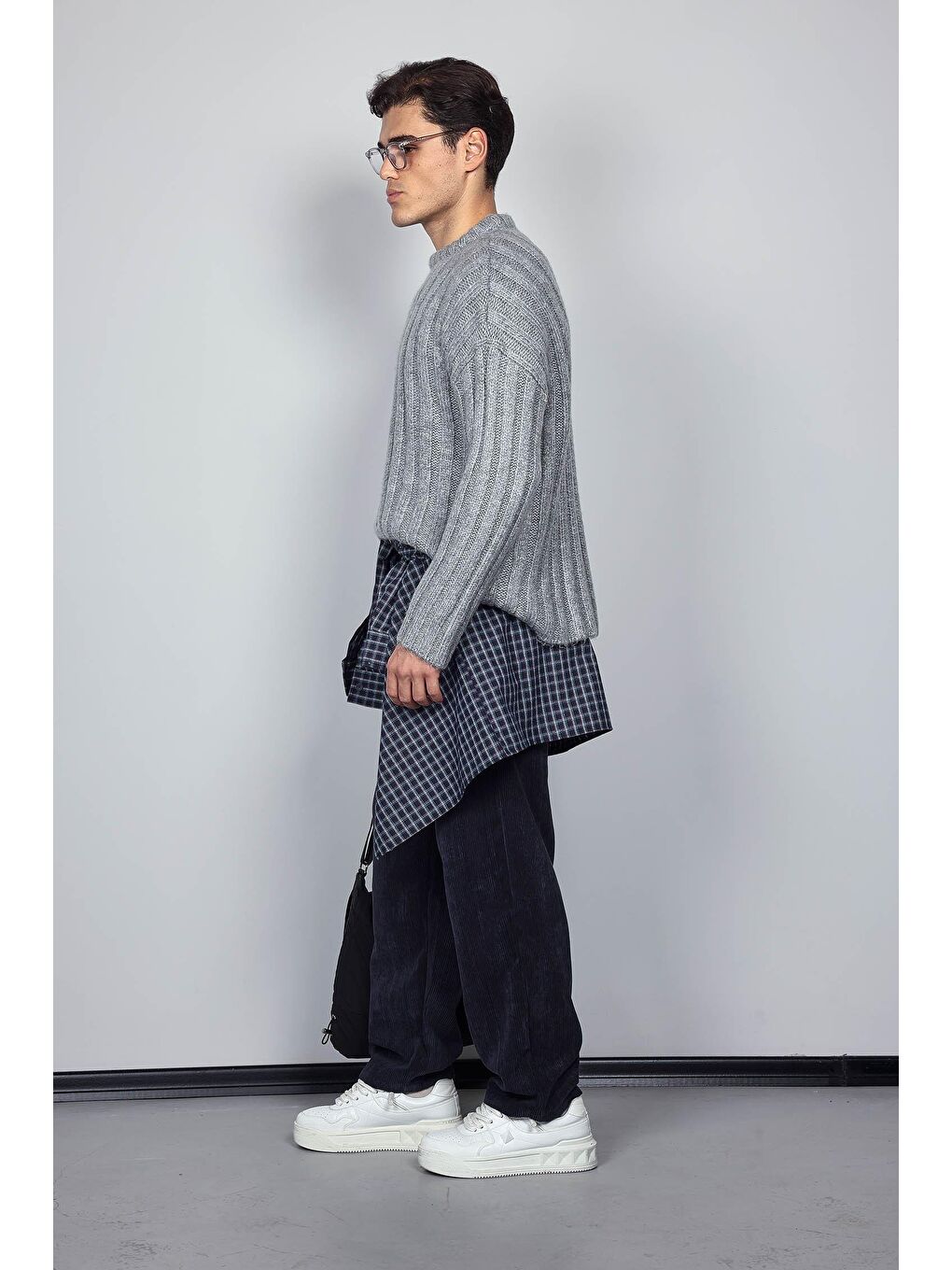 Erkek Oversize Kalın Fitilli Triko Kazak Gri-11
