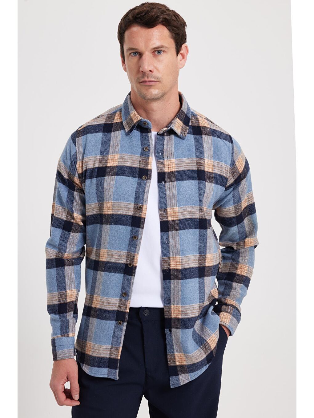 Mavi Erkek Slim Fit Dar Kesim Kareli Kışlık Oduncu Gömlek-6