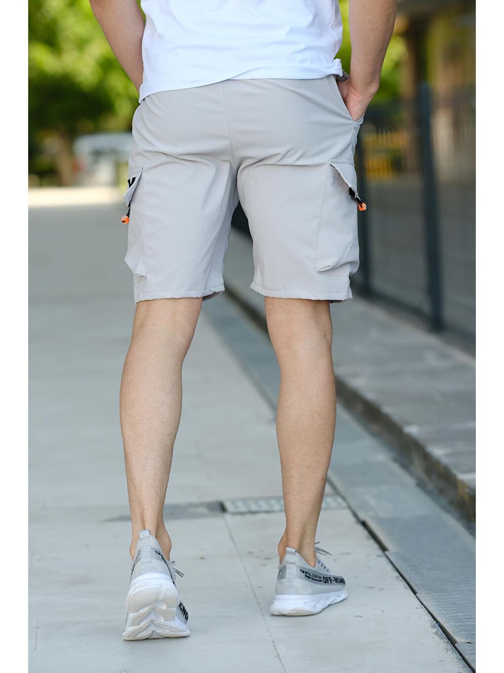 Gri Baskılı Kort Paraşüt Kumaş Kargo Cep Erkek Şort-3
