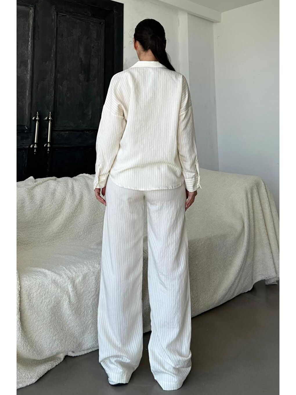 Ekru Uzun Kollu Çizgili Gömlek Pantolon İkili Takım Mg2329-1