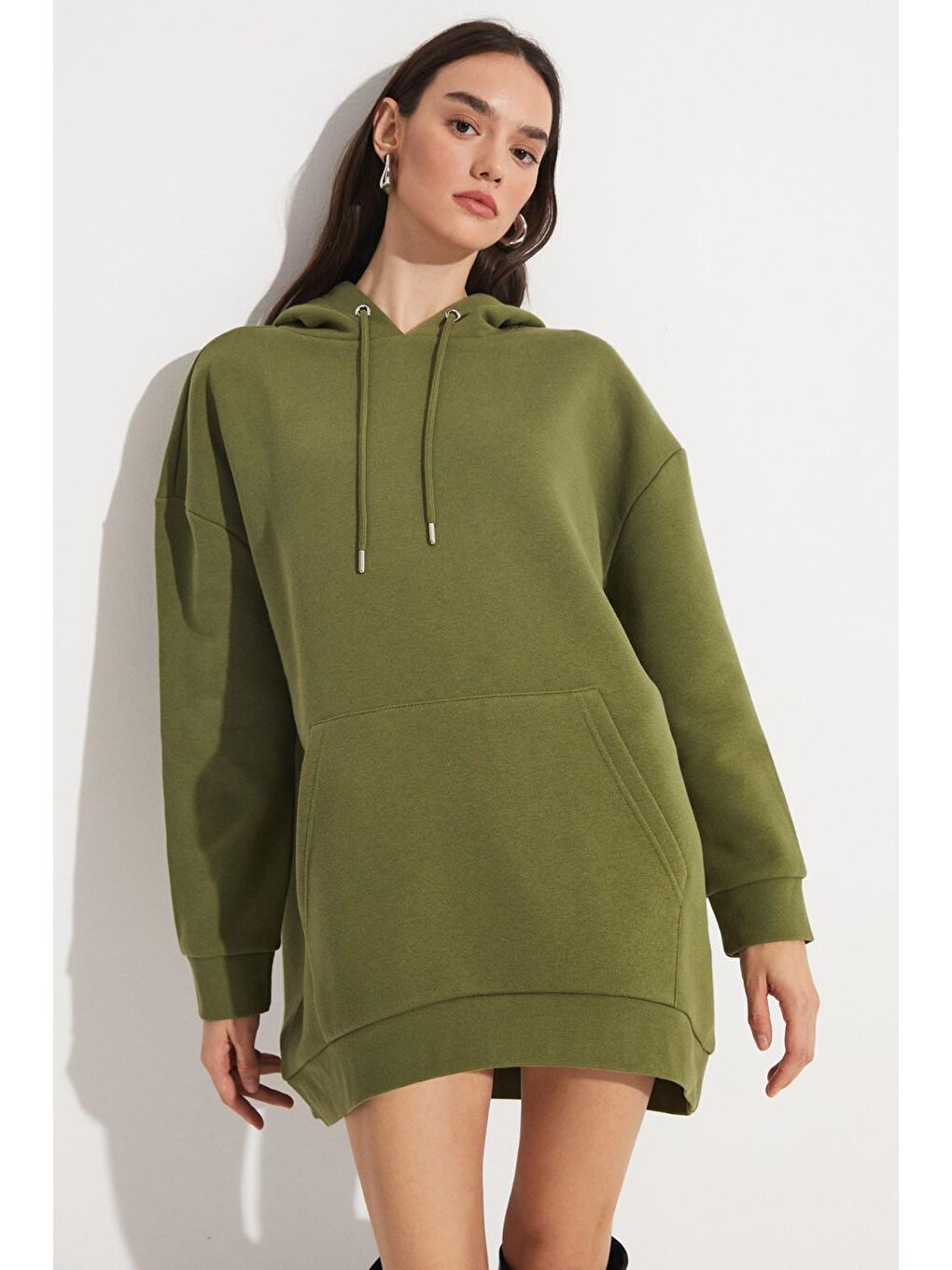 June Haki Basic Kapüşonlu Kalın Hoodie - 3