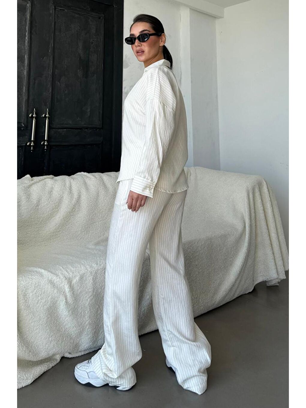 Ekru Uzun Kollu Çizgili Gömlek Pantolon İkili Takım Mg2329-2