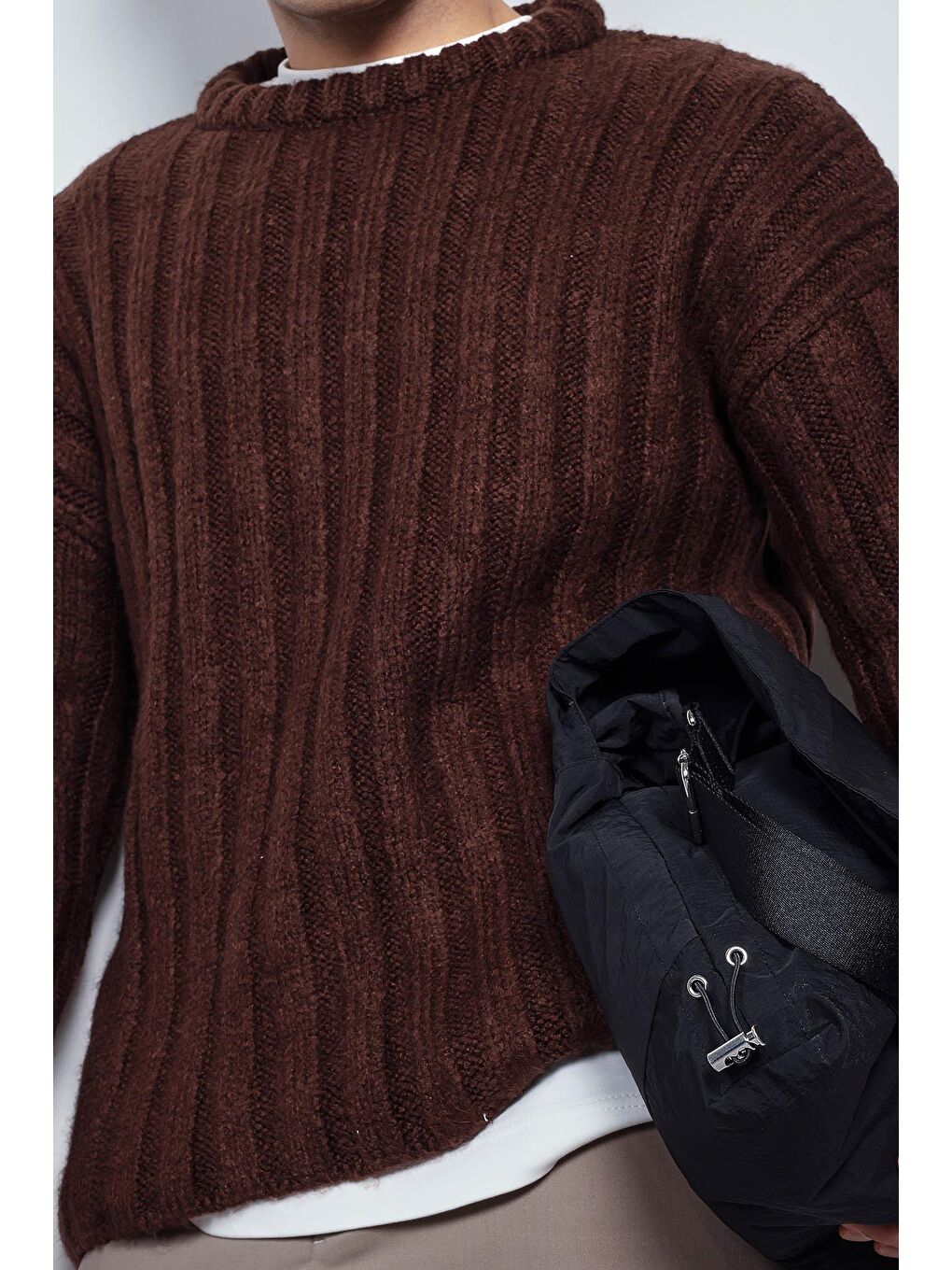 Kahverengi Erkek Oversize Kalın Fitilli Triko Kazak Kahve-1
