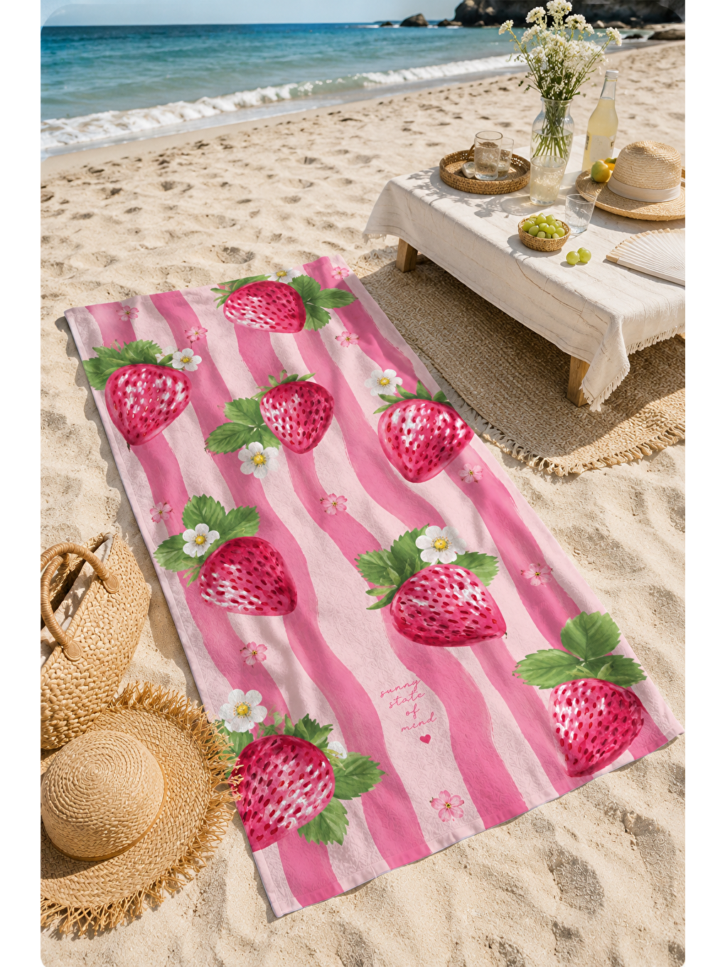Mor Çilek Ve Pembe Şerit Desenli 70x150 Plaj Havlusu-2