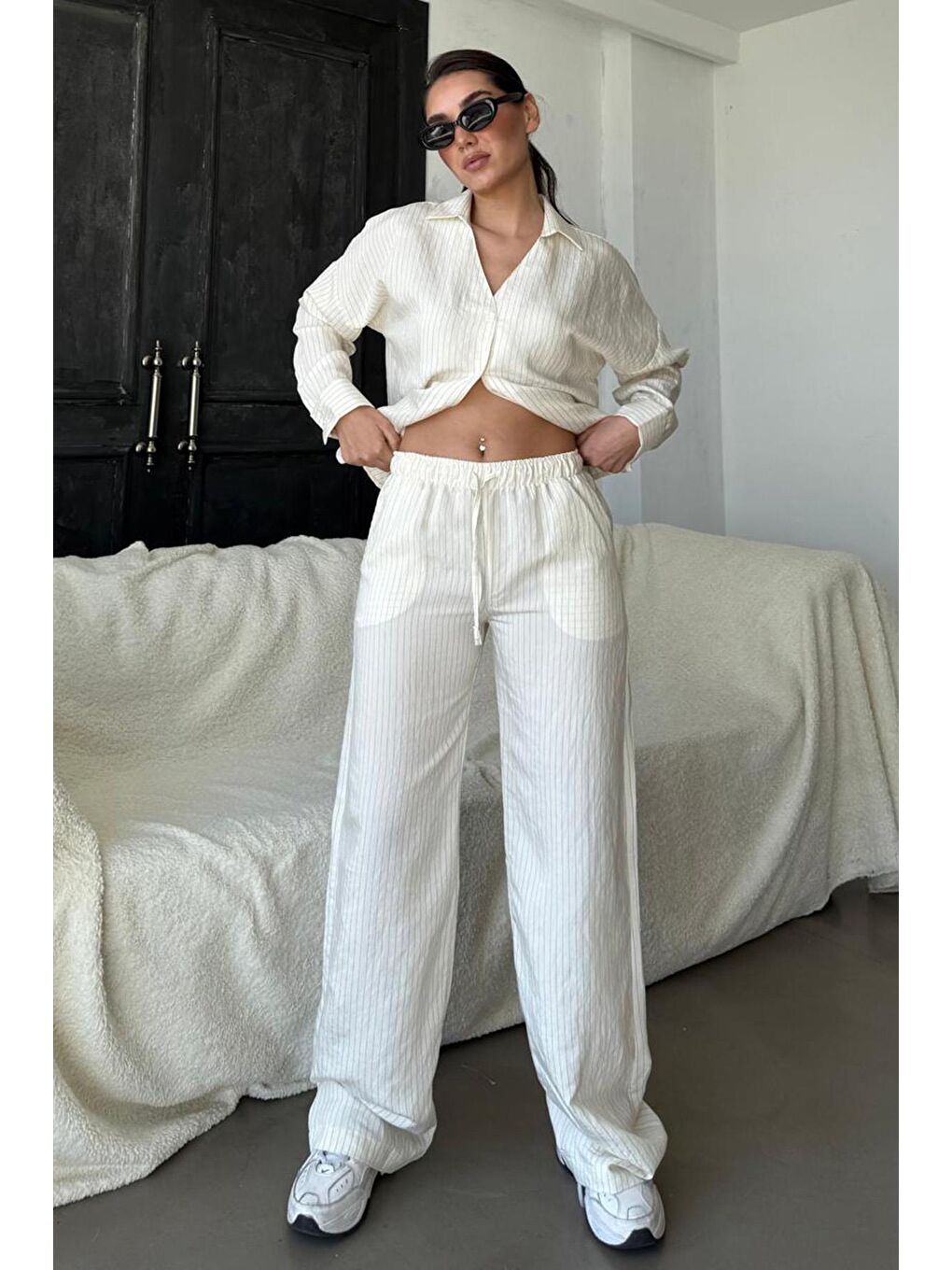 Ekru Uzun Kollu Çizgili Gömlek Pantolon İkili Takım Mg2329-3