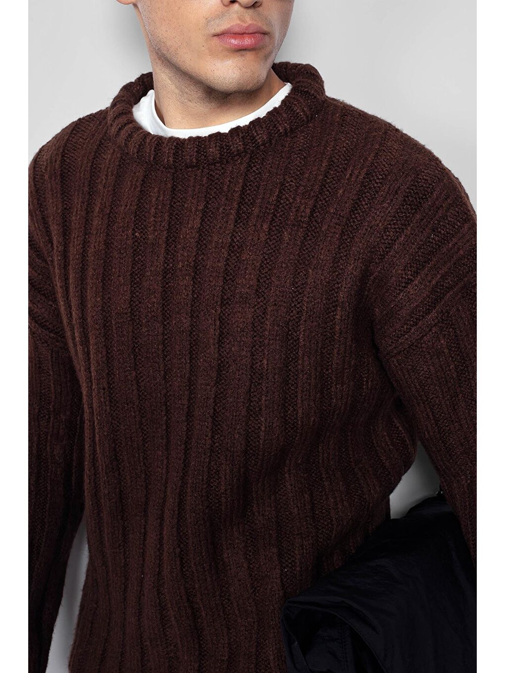 Kahverengi Erkek Oversize Kalın Fitilli Triko Kazak Kahve-2