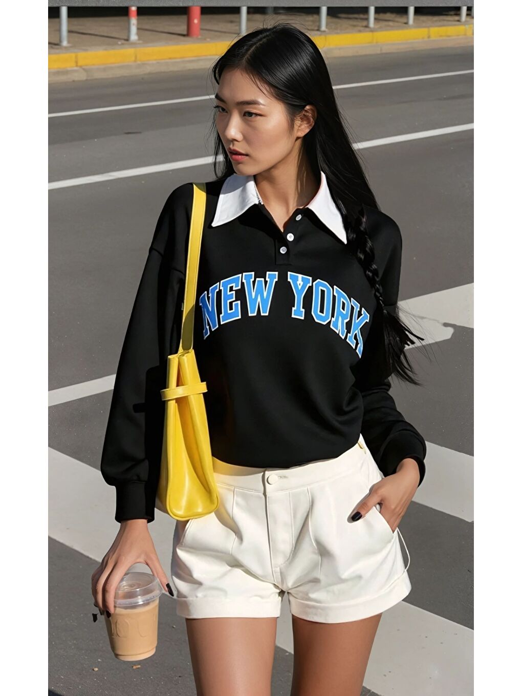 New York Baskılı Polo Yaka Siyah Sweatshirt