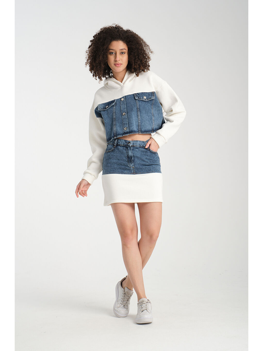 Ekru Kadın Denim Etekli Takım 1077