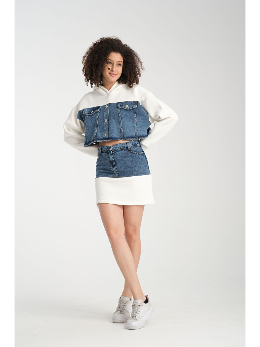 Ekru Kadın Denim Etekli Takım 1077-1