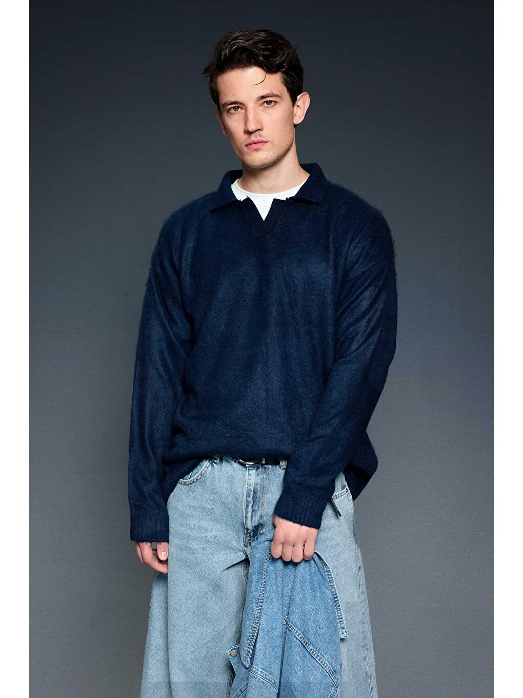 Erkek Polo Yaka Yumuşak Dokulu Oversize Kazak Lacivert-1