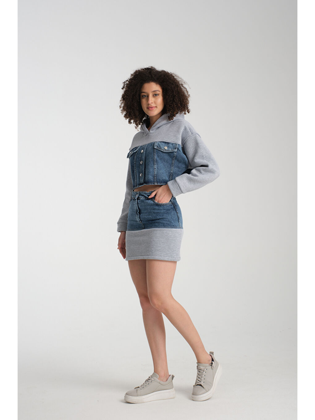 Gri Kadın Denim Etekli Takım 1077-1