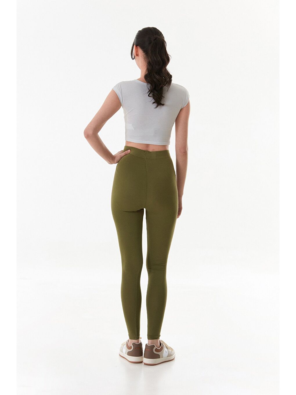 Haki Beli Lastikli Yüksek Bel Tayt-4