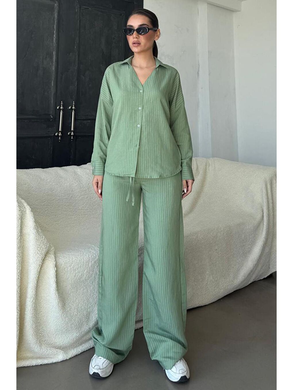 Yeşil Uzun Kollu Çizgili Gömlek Pantolon İkili Takım Mg2329