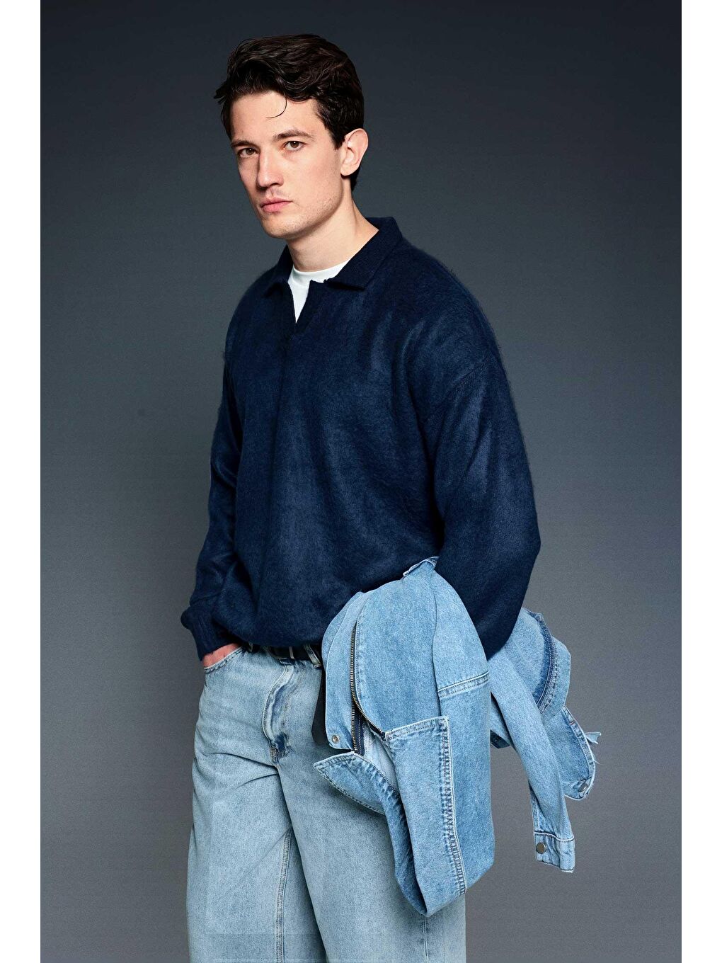 Erkek Polo Yaka Yumuşak Dokulu Oversize Kazak Lacivert-2