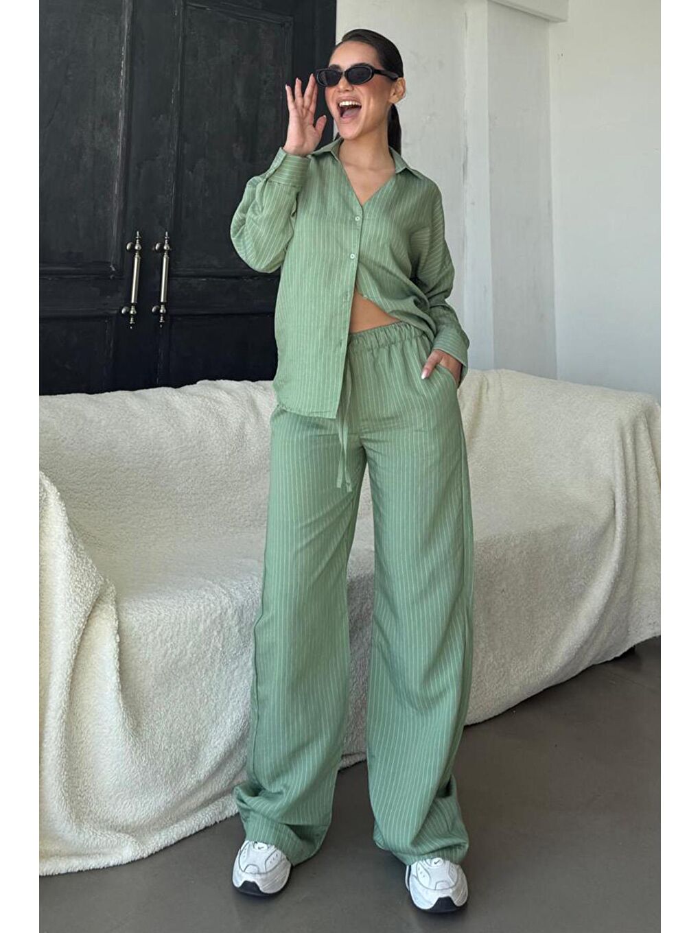 Yeşil Uzun Kollu Çizgili Gömlek Pantolon İkili Takım Mg2329-1