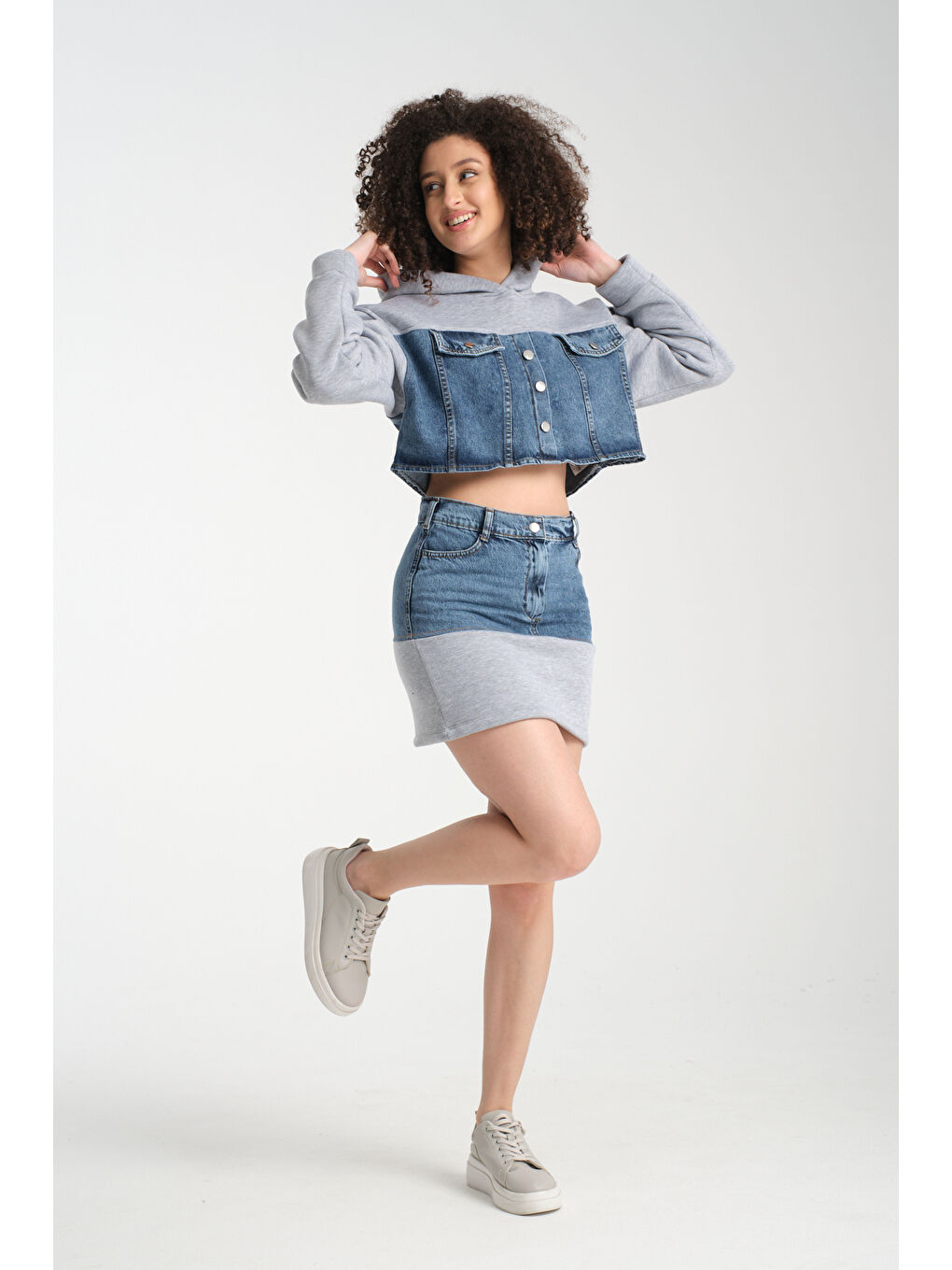 Gri Kadın Denim Etekli Takım 1077-2