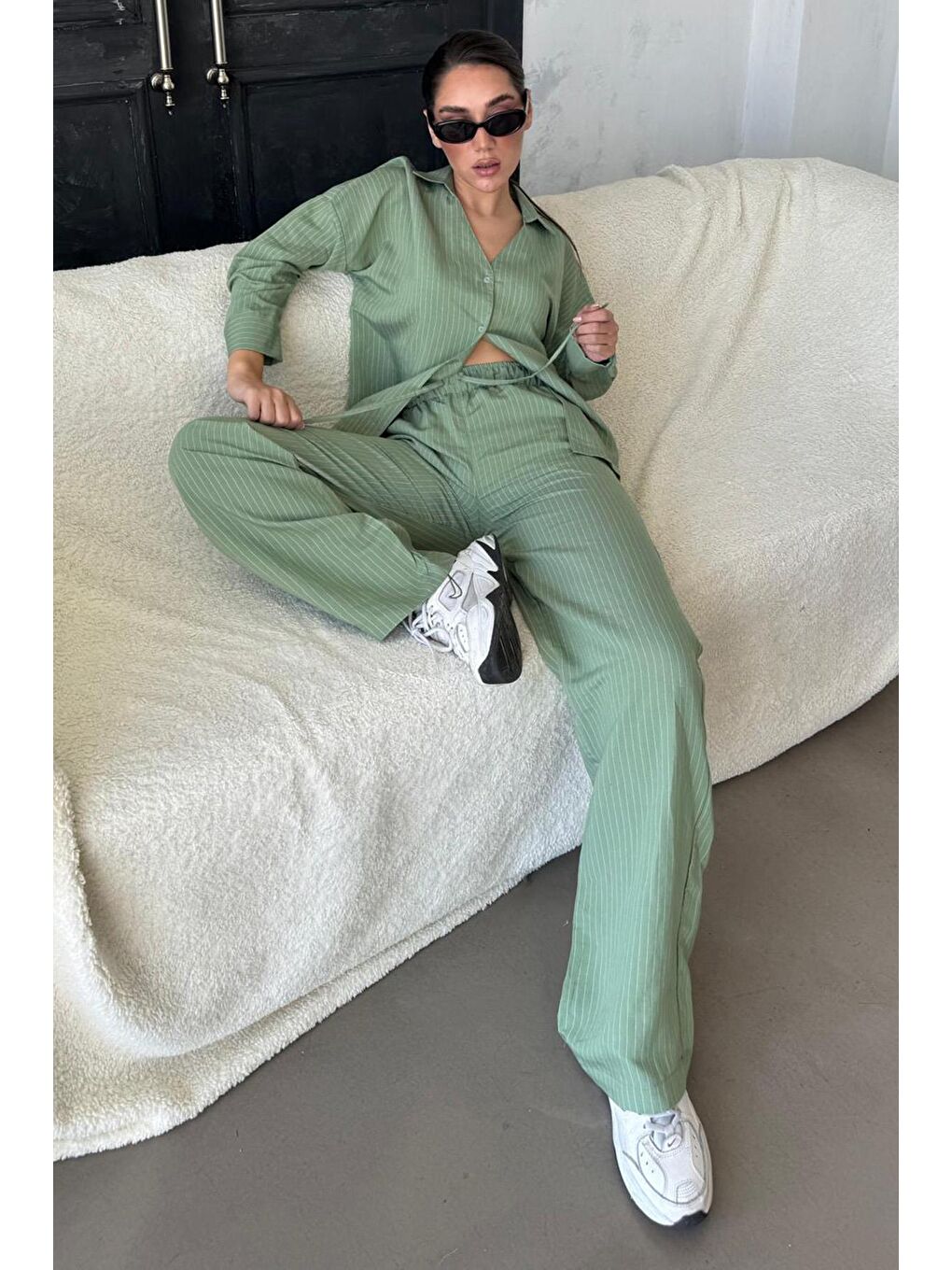 Yeşil Uzun Kollu Çizgili Gömlek Pantolon İkili Takım Mg2329-2