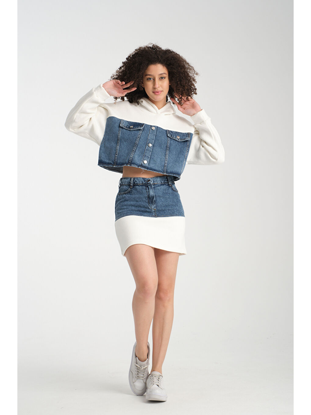 Ekru Kadın Denim Etekli Takım 1077-4