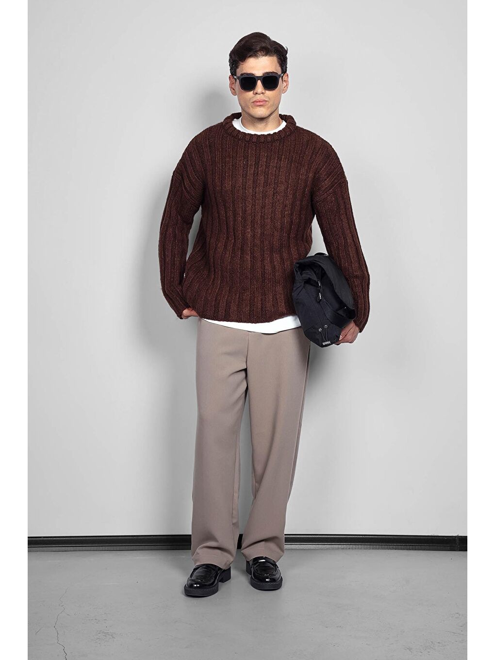 Kahverengi Erkek Oversize Kalın Fitilli Triko Kazak Kahve-7
