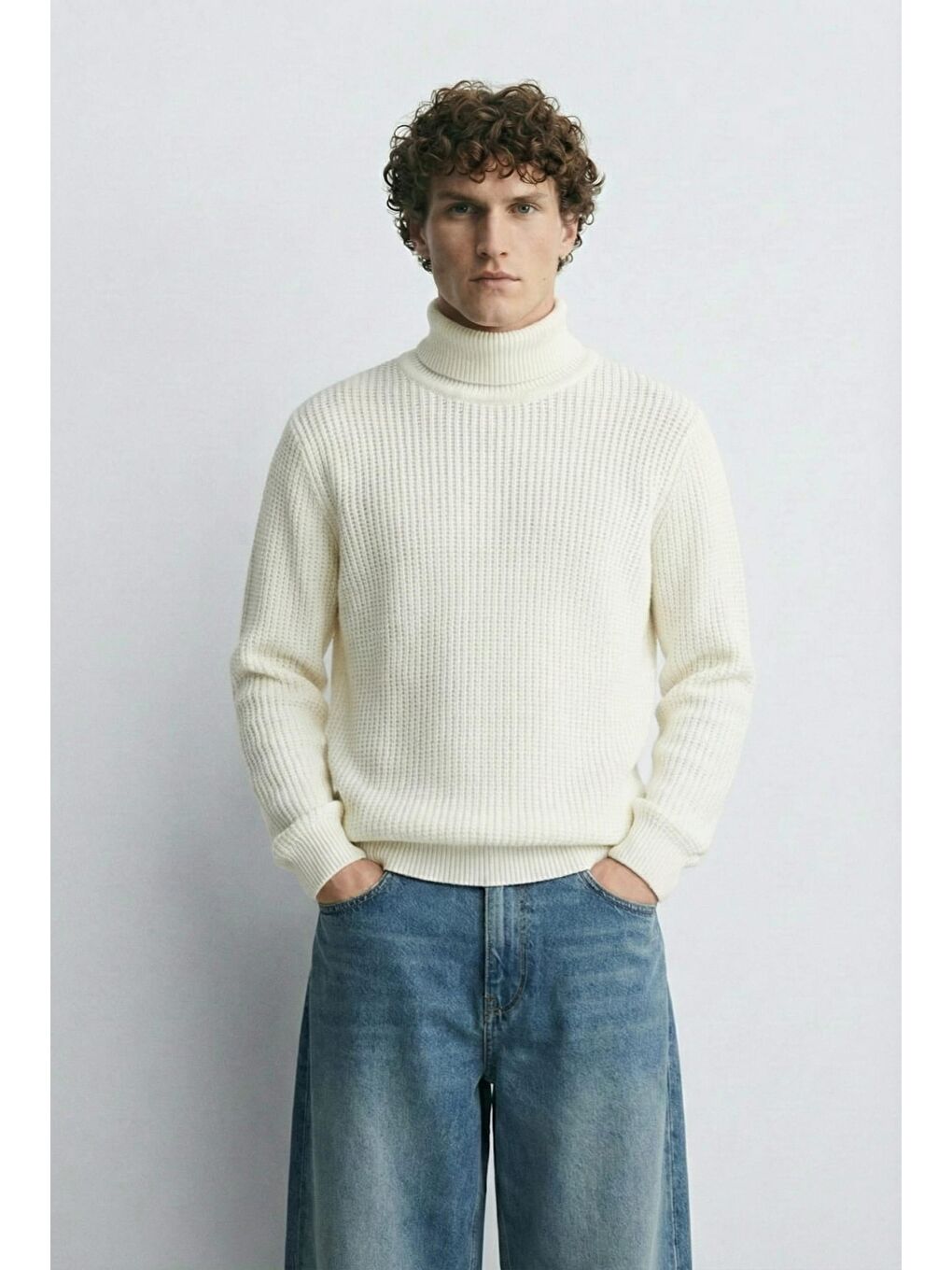 Erkek Oversize Balıkçı Yaka Boğazlı Kazak Ekru