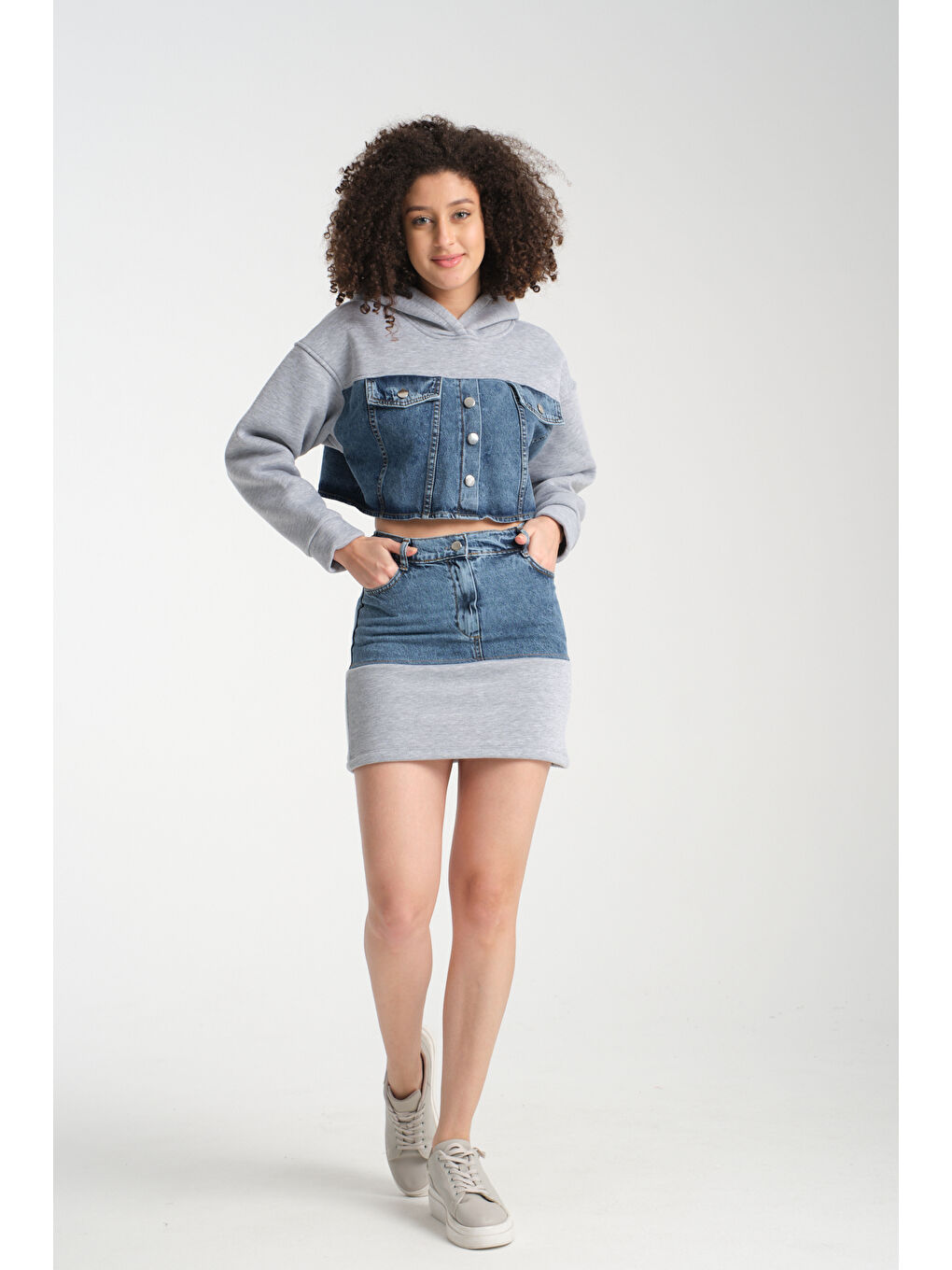 Gri Kadın Denim Etekli Takım 1077-4