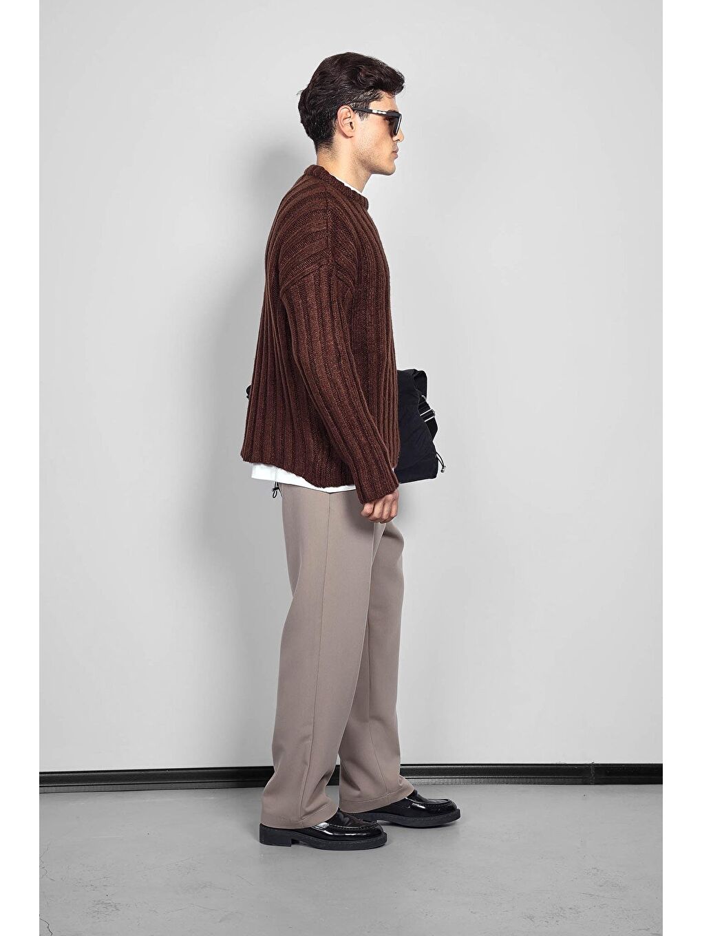 Kahverengi Erkek Oversize Kalın Fitilli Triko Kazak Kahve-8