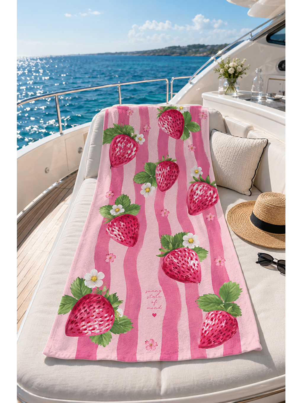 Mor Çilek Ve Pembe Şerit Desenli 70x150 Plaj Havlusu-3